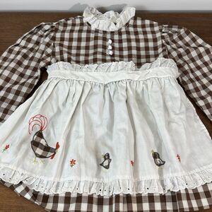 Nannette Vintage Girls Brown Gingham Chicken Embroidered Ruffle Apron Dress